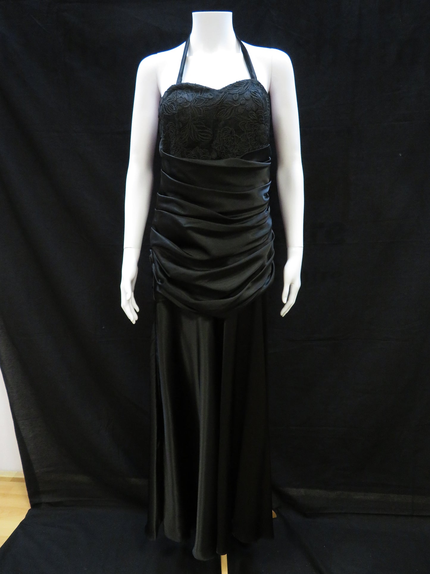 Material - Halter-Neck Black Evening Gown with Ruching At The Waist