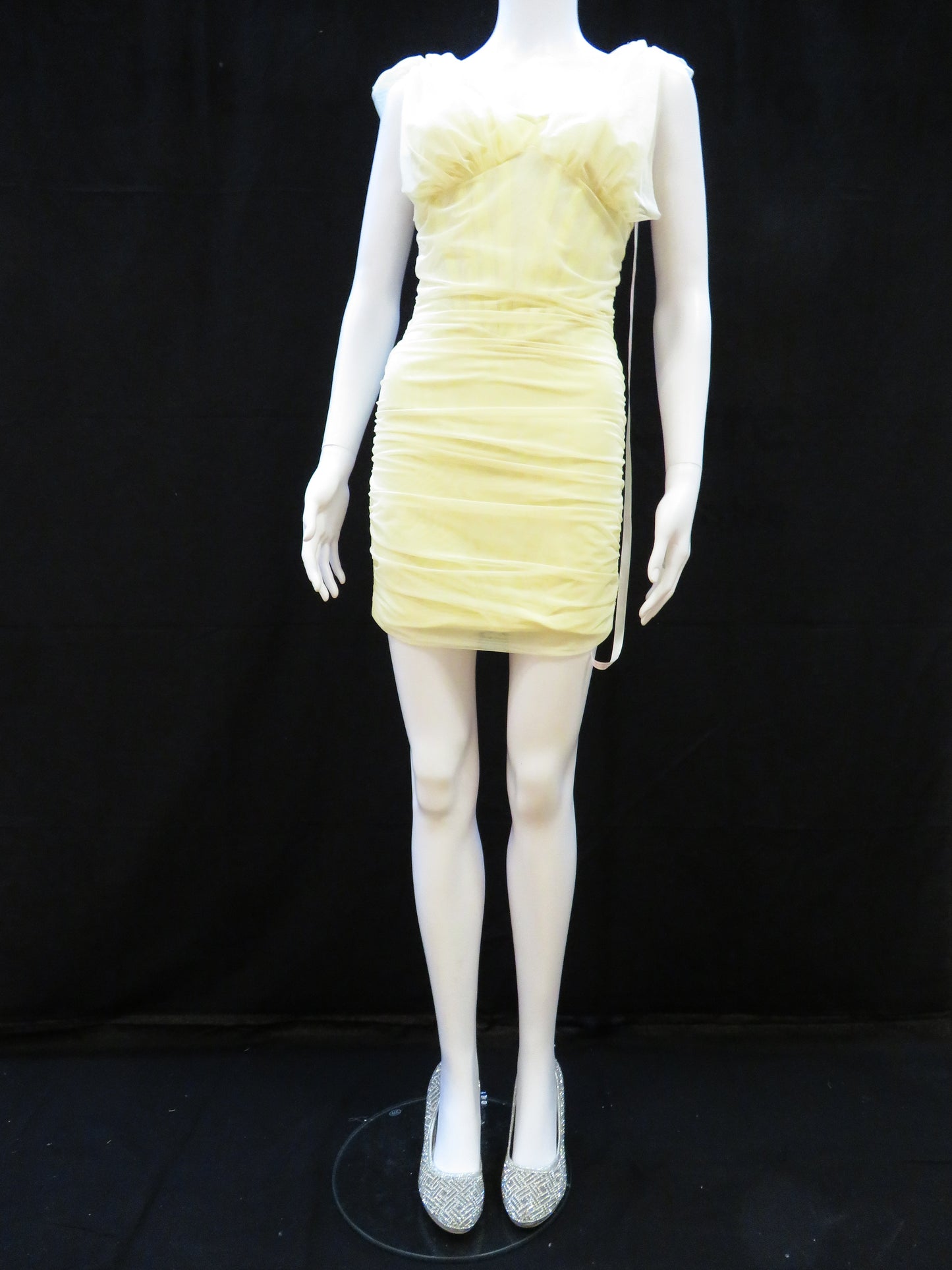 Missguided - Tie Shoulder Mesh Yellow Mini Party Dress