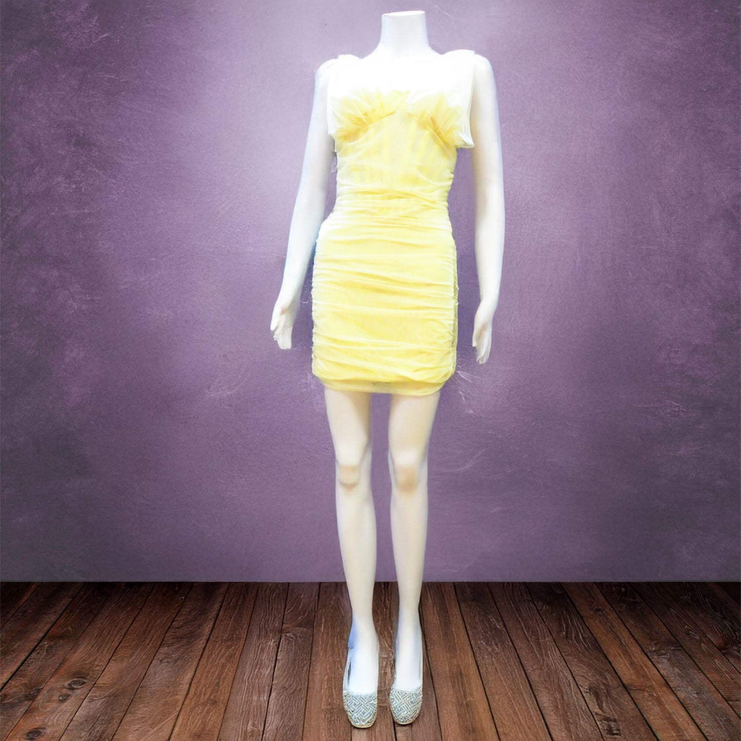 Missguided - Tie Shoulder Mesh Yellow Mini Party Dress