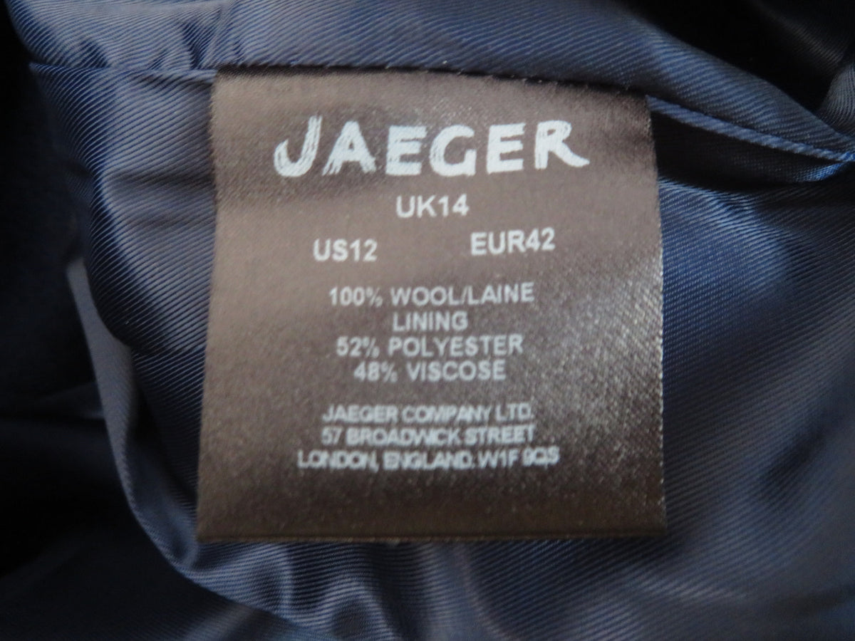 Jaeger Womens Royal Blue Wool Belted Funnel Neck Coat Jacket UK 14 Long Sleeve
