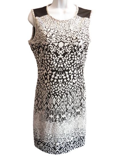 Reiss Womens Bodycon Dress UK 12 Black White Abstract Print Sleeveless Crew Neck