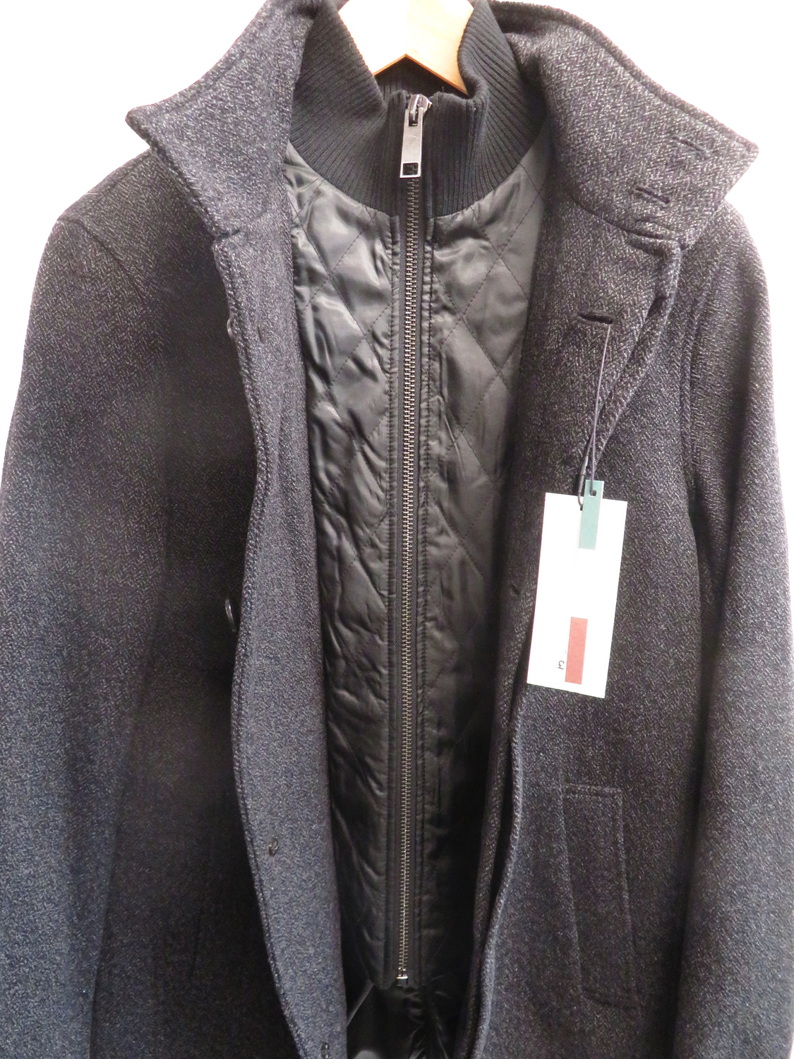 Next Mens Charcoal Grey Funnel Neck Wool Blend Coat Medium Herringbone Zip Up