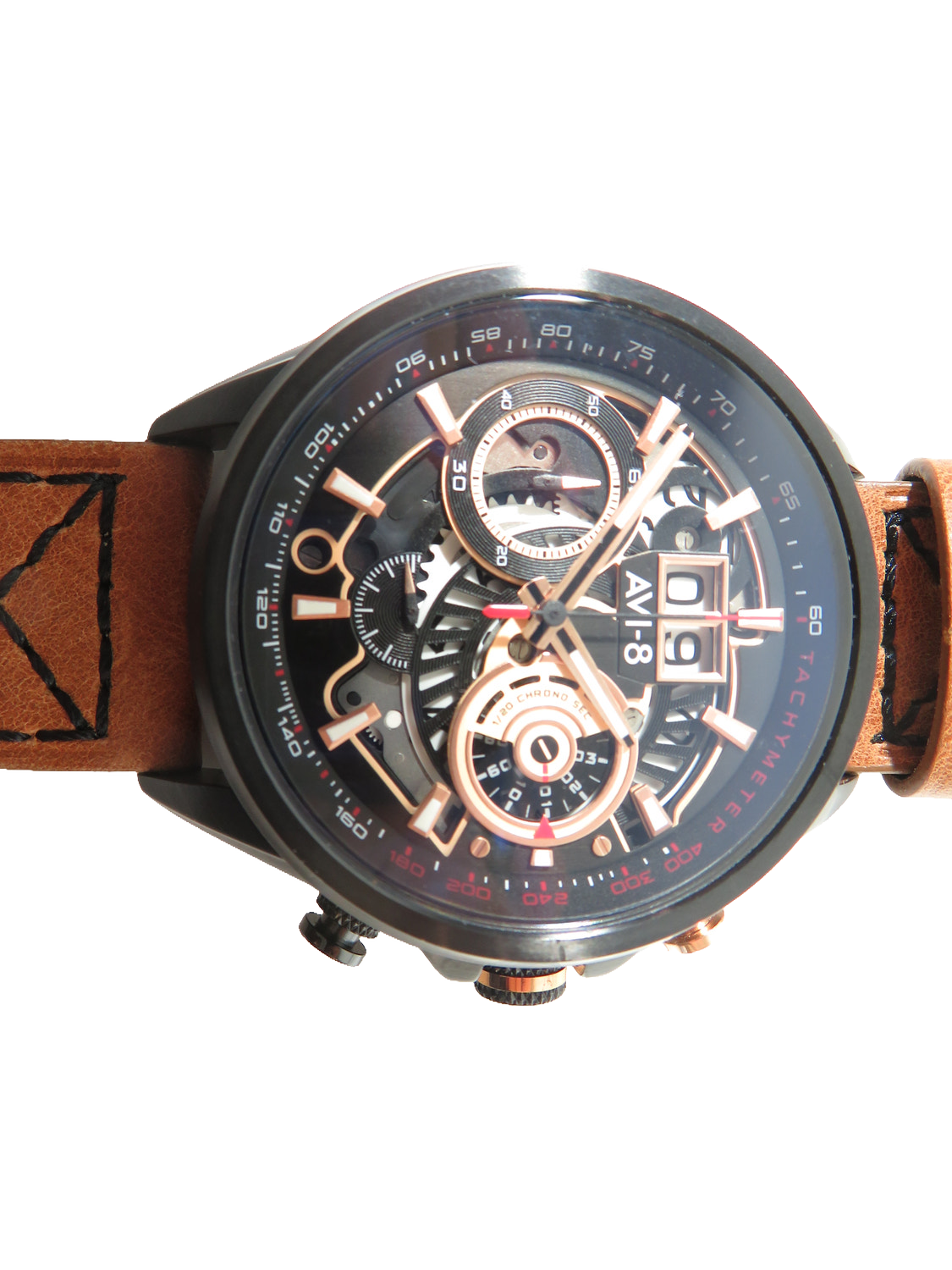 AVI-8 Hawker Harrier Matador Mens Chronograph Watch Black Brown Leather Strap