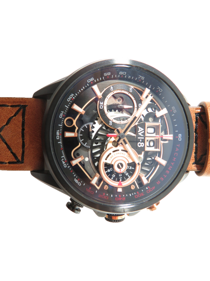 AVI-8 Hawker Harrier Matador Mens Chronograph Watch Black Brown Leather Strap