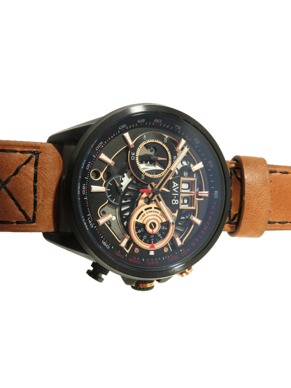 AVI-8 Hawker Harrier Matador Mens Chronograph Watch Black Brown Leather Strap