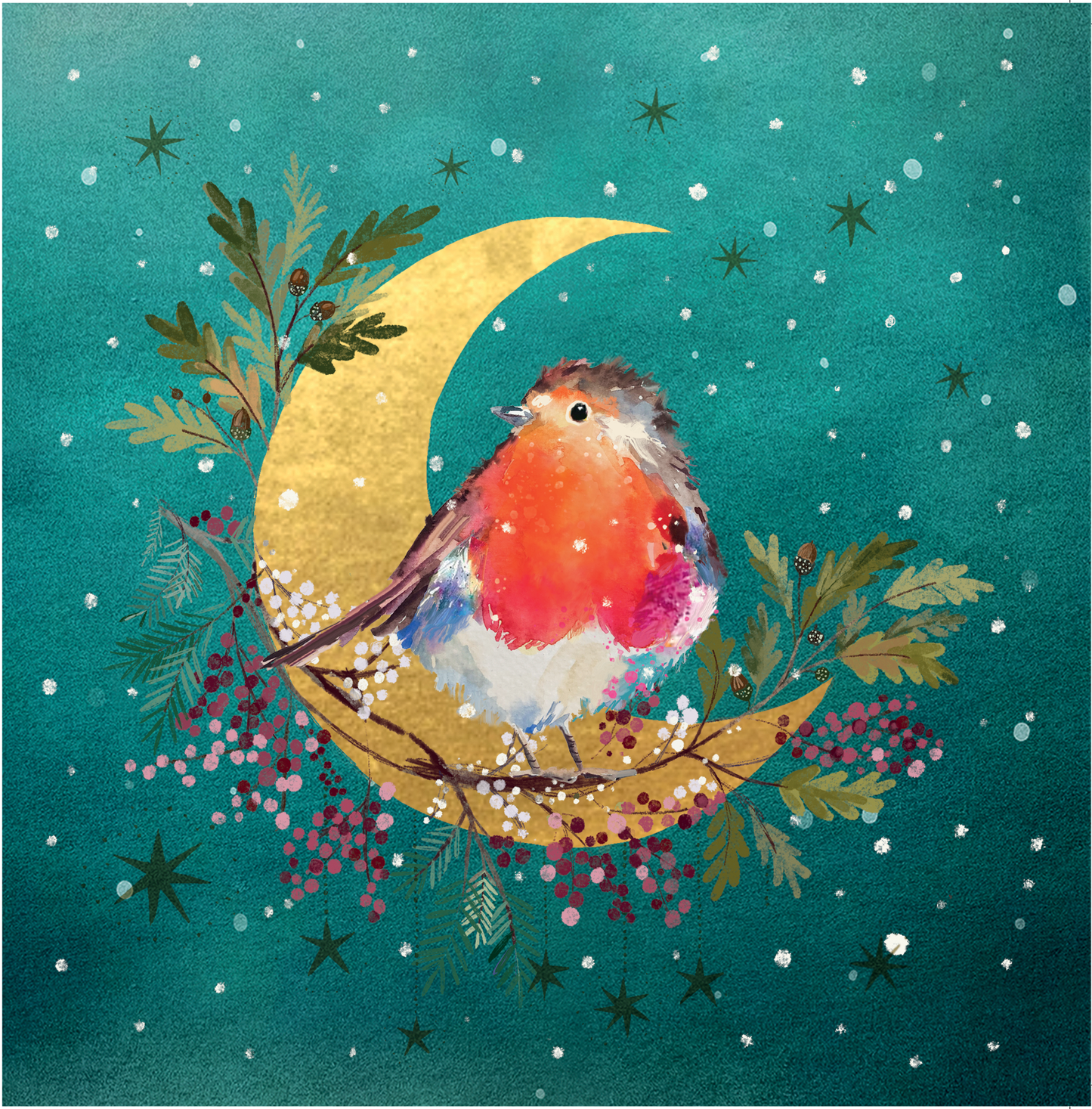 Compton Care - 10 x Charity Christmas Cards - 15 x 15cm - Robin in Cresent Moon