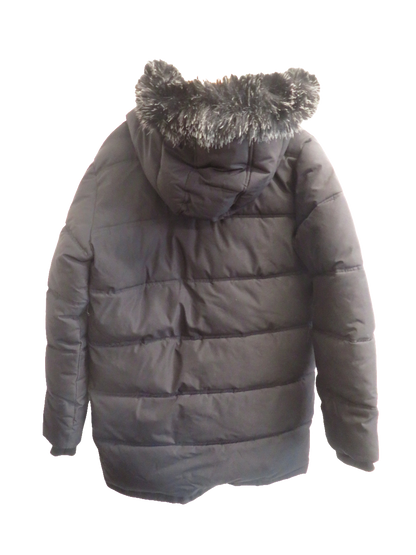 Pink Soda Sport Womens Parka Coat UK 10 Black Padded Quilted Faux Fur Hood Long