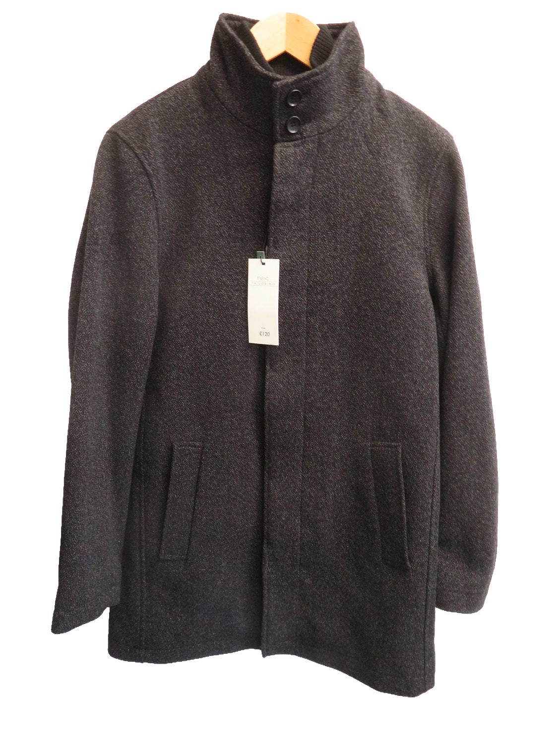 Next Mens Charcoal Grey Funnel Neck Wool Blend Coat Medium Herringbone Zip Up