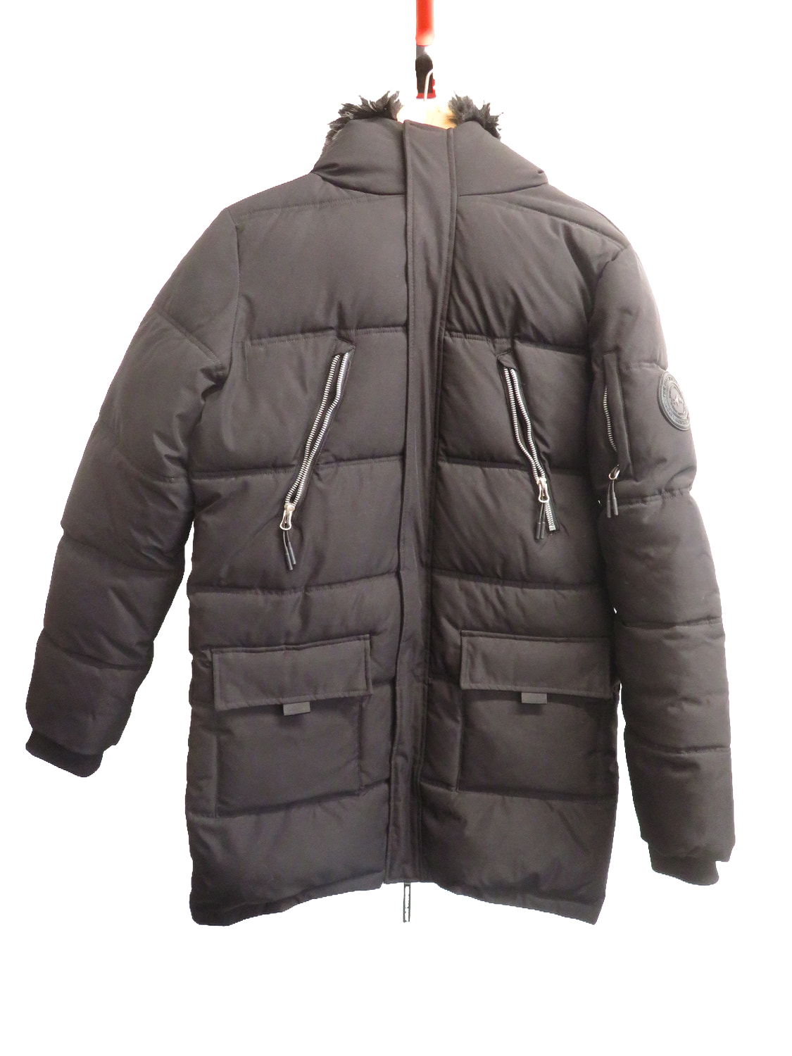 Pink Soda Sport Womens Parka Coat UK 10 Black Padded Quilted Faux Fur Hood Long
