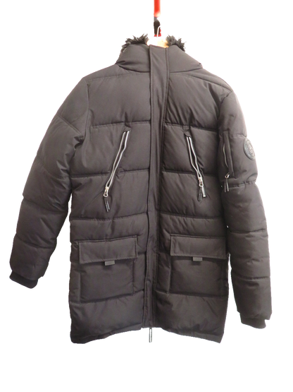 Pink Soda Sport Womens Parka Coat UK 10 Black Padded Quilted Faux Fur Hood Long