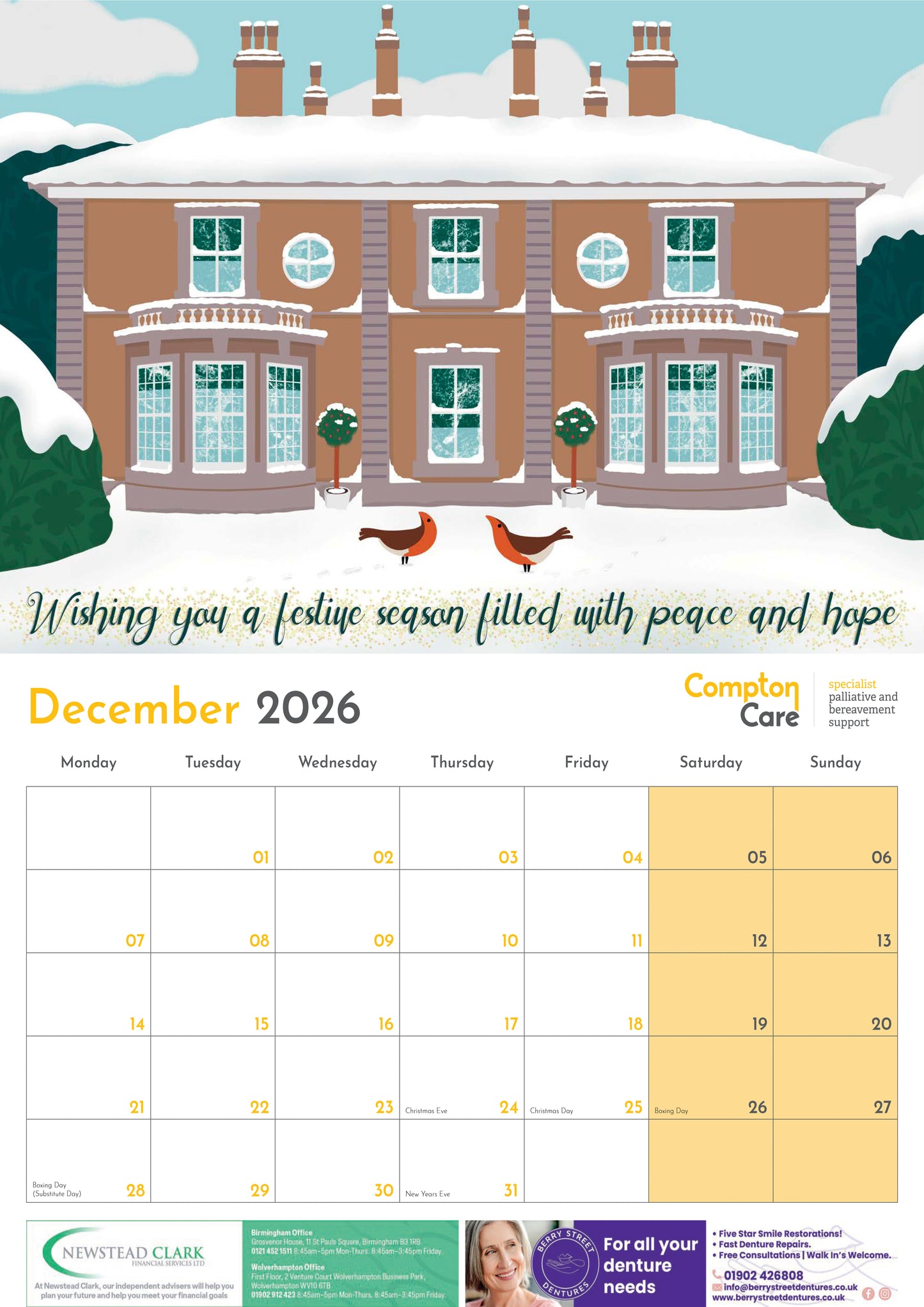 Compton Care 2026 Wall Calendar - A4 Calendar 42 x 30 cm - Illustrated By Charlotte Webb