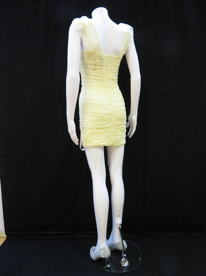 Missguided - Tie Shoulder Mesh Yellow Mini Party Dress