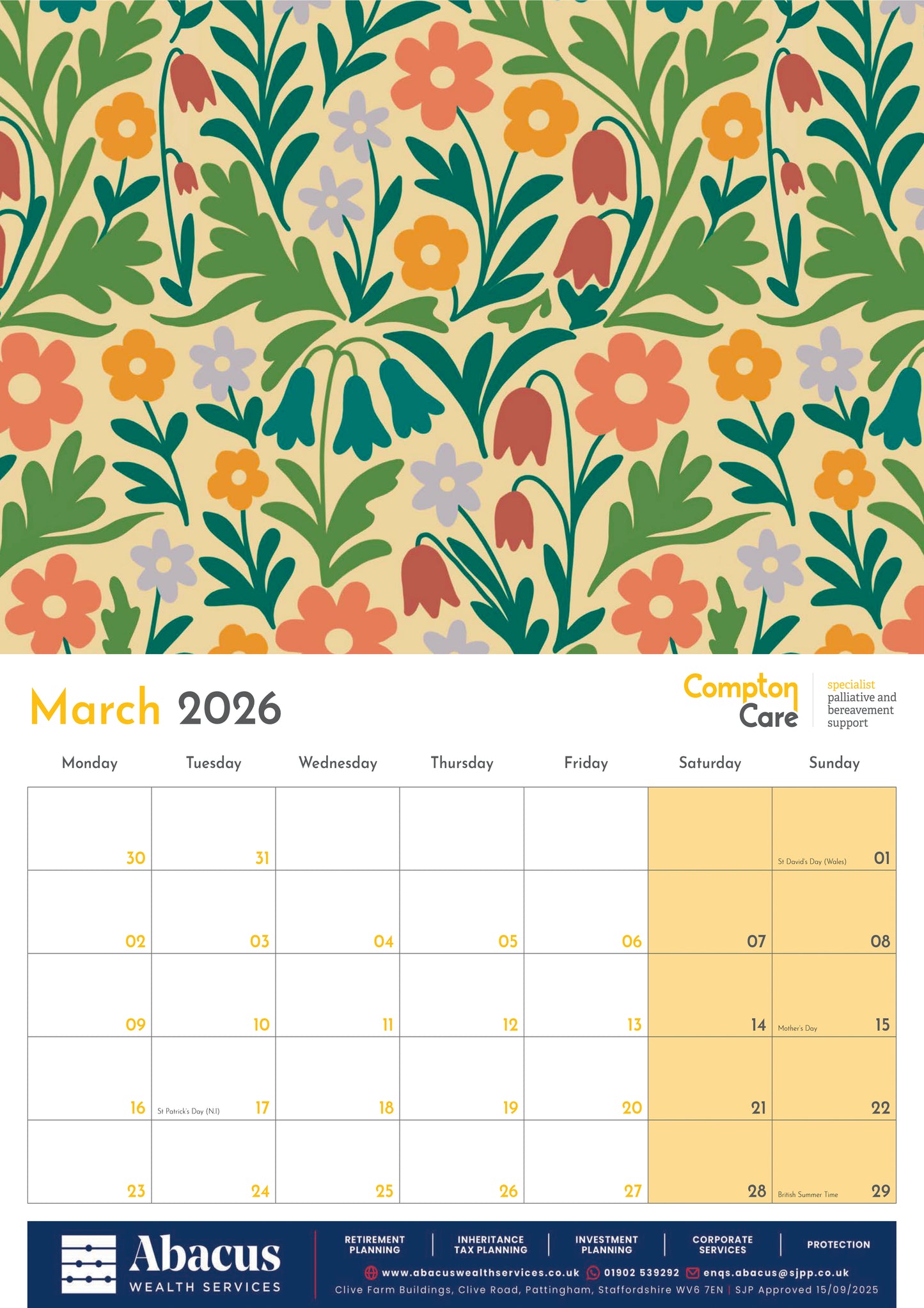 Compton Care 2026 Wall Calendar - A4 Calendar 42 x 30 cm - Illustrated By Charlotte Webb