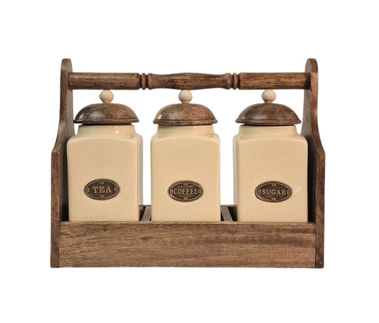 Ceramic Tea, Coffee & Sugar Jars In Solid Mango Wood Rack