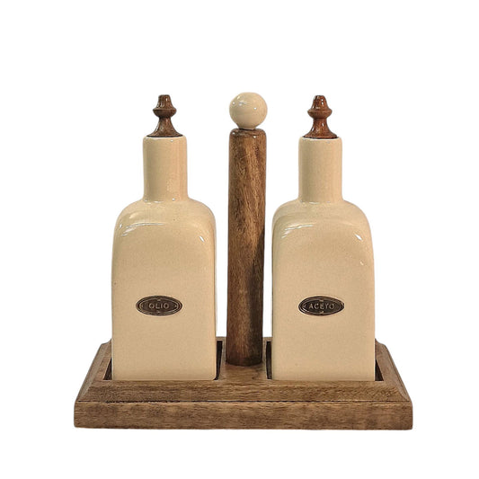 Ceramic Oil and Vinegar Bottle Set & Mango Wood Holder