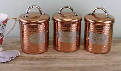 Hammered Copper Tea Coffee & Sugar Canisters - Set of 3