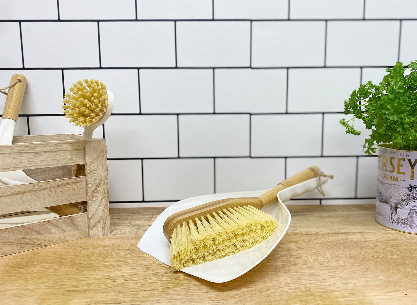 Cream Dustpan & Bamboo Wooden Brush