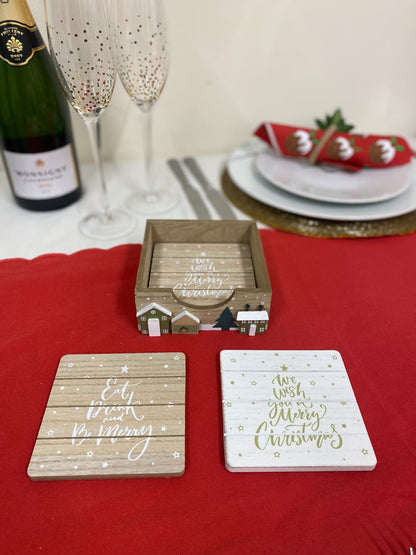 Christmas Market Themed Wooden Coasters - Set Of 4