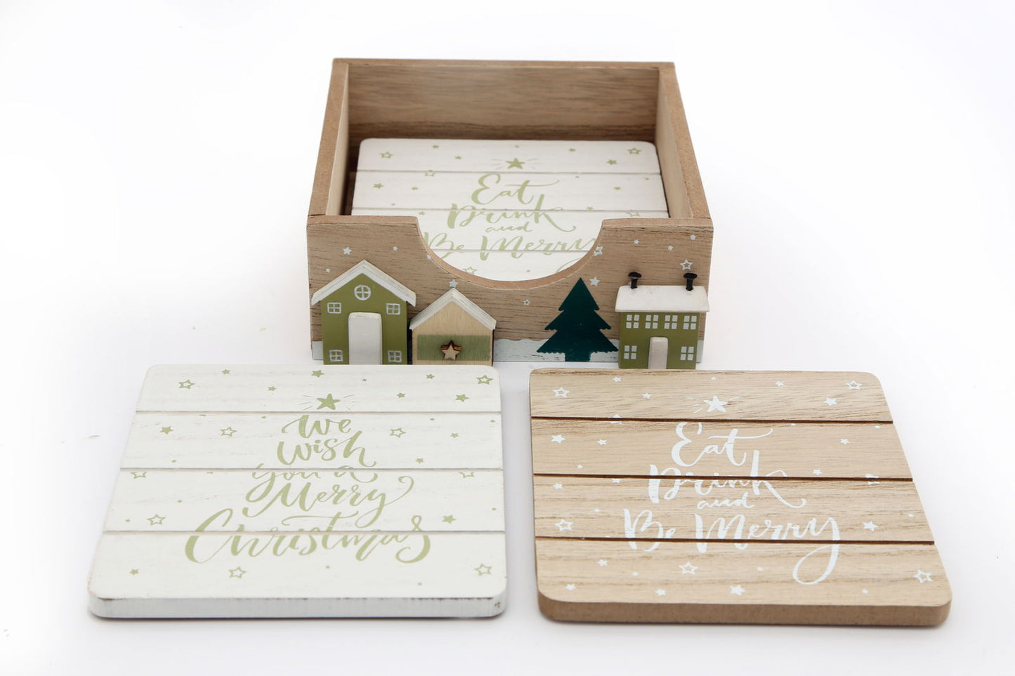 Christmas Market Themed Wooden Coasters - Set Of 4