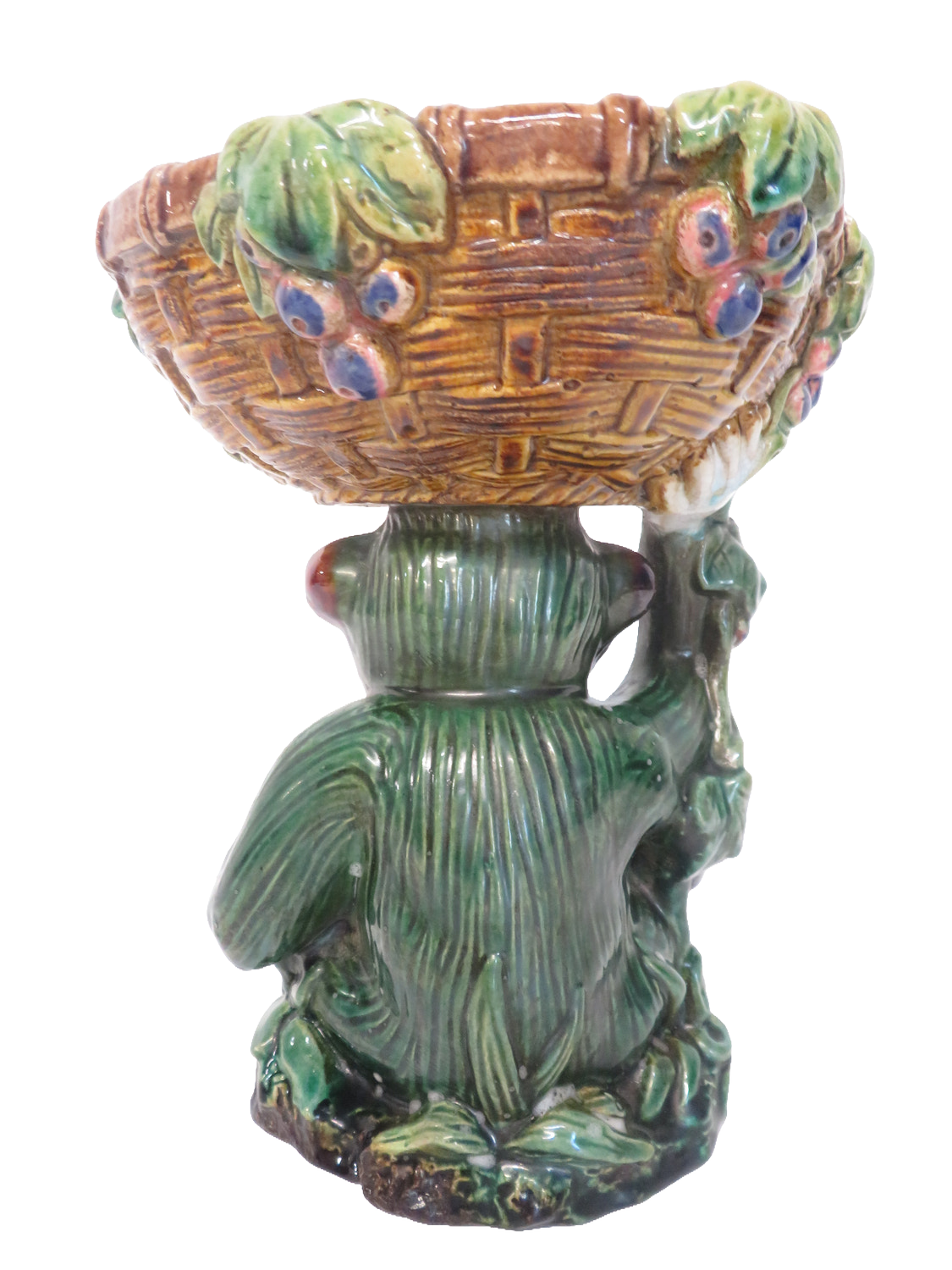 Majolica Style Ceramic Monkey Pedestal Basket Dish Green Glazed Grapes 22cm Tall