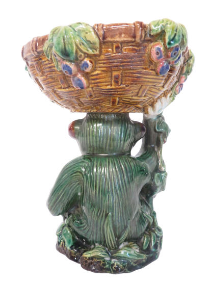 Majolica Style Ceramic Monkey Pedestal Basket Dish Green Glazed Grapes 22cm Tall