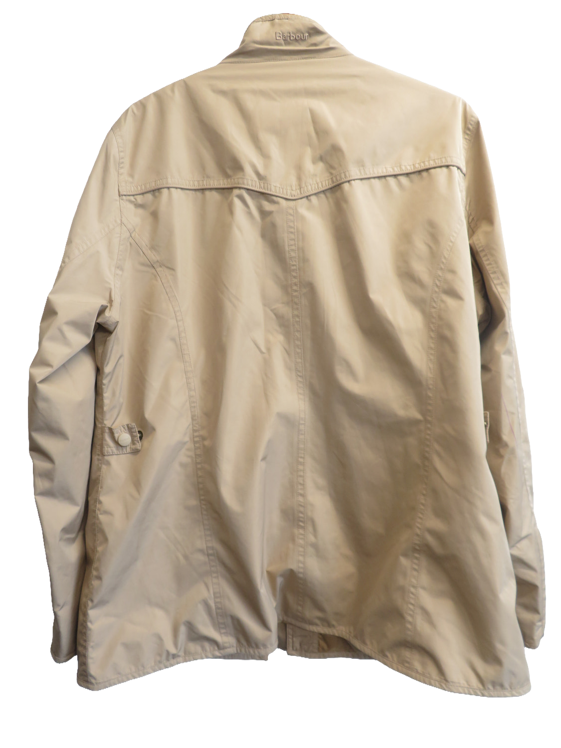 Back of the jacket on a plain background, showing a long straight back panel and a small tab with a button on the left side.