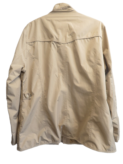 Back of the jacket on a plain background, showing a long straight back panel and a small tab with a button on the left side.