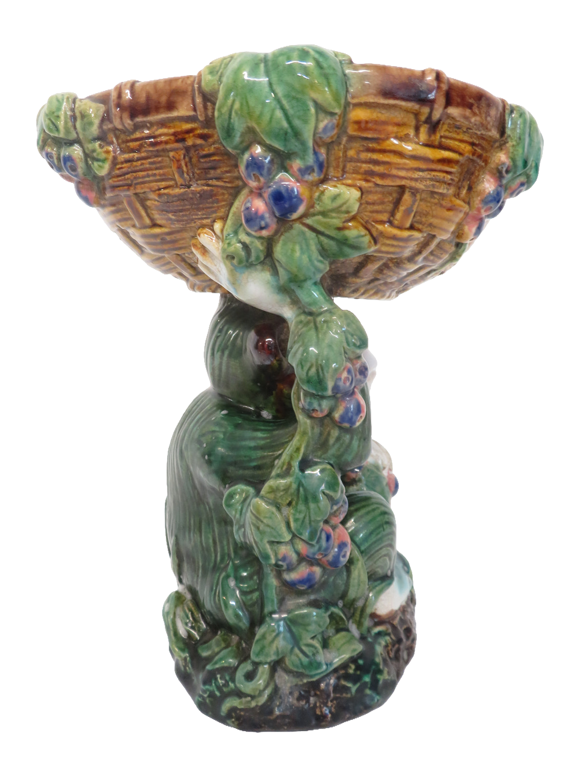 Majolica Style Ceramic Monkey Pedestal Basket Dish Green Glazed Grapes 22cm Tall