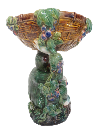 Majolica Style Ceramic Monkey Pedestal Basket Dish Green Glazed Grapes 22cm Tall