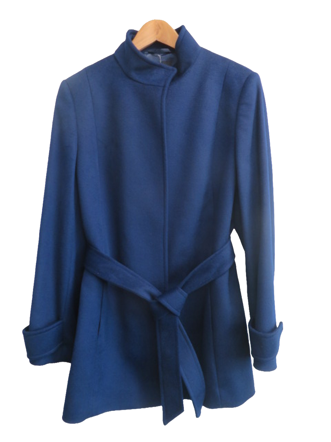 Jaeger Womens Royal Blue Wool Belted Funnel Neck Coat Jacket UK 14 Long Sleeve