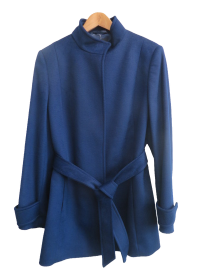Jaeger Womens Royal Blue Wool Belted Funnel Neck Coat Jacket UK 14 Long Sleeve