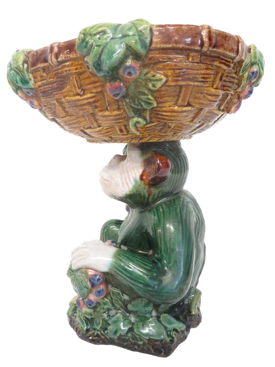 Majolica Style Ceramic Monkey Pedestal Basket Dish Green Glazed Grapes 22cm Tall