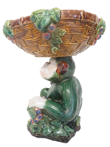 Majolica Style Ceramic Monkey Pedestal Basket Dish Green Glazed Grapes 22cm Tall
