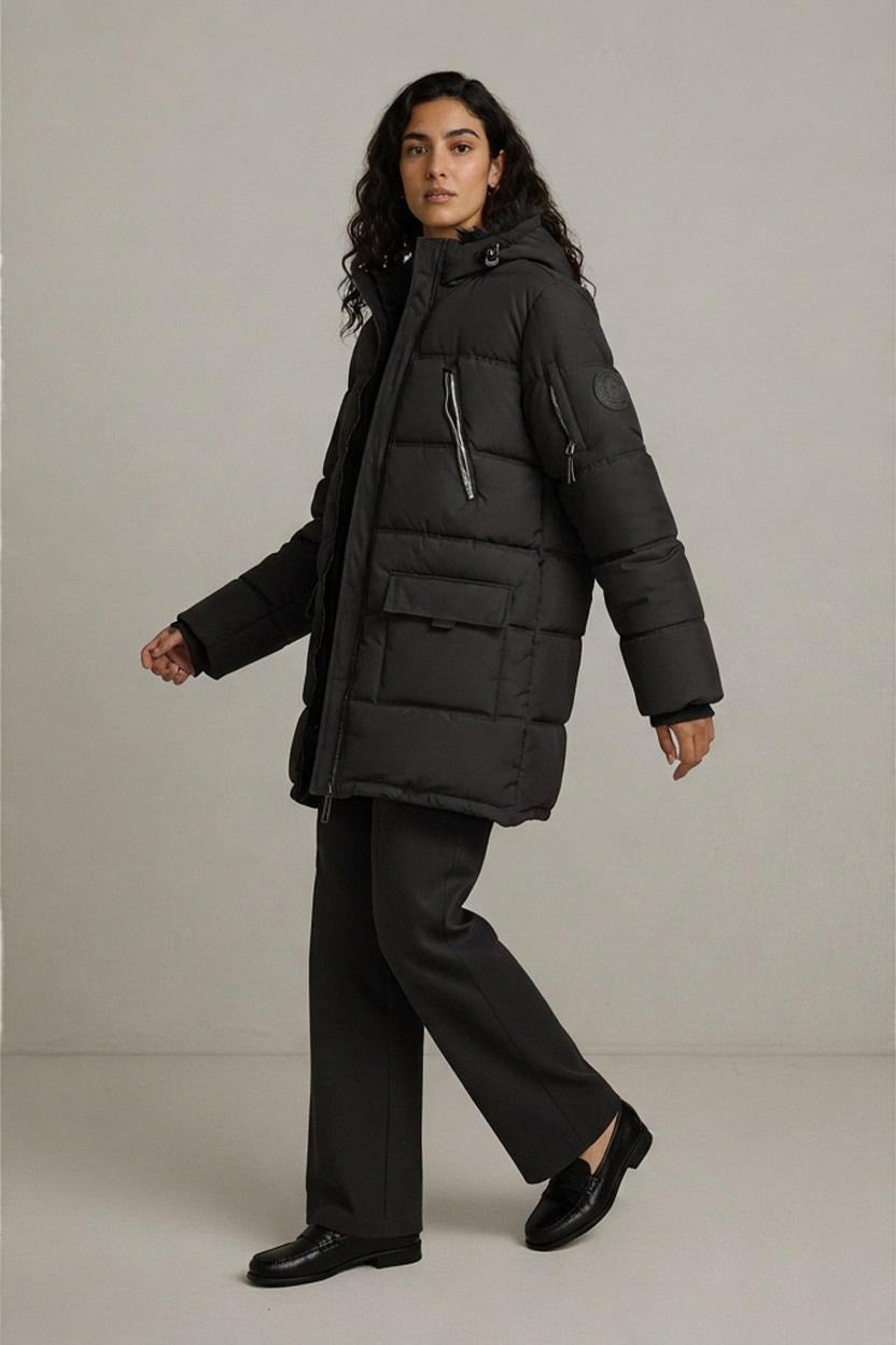 Pink Soda Sport Womens Parka Coat UK 10 Black Padded Quilted Faux Fur Hood Long