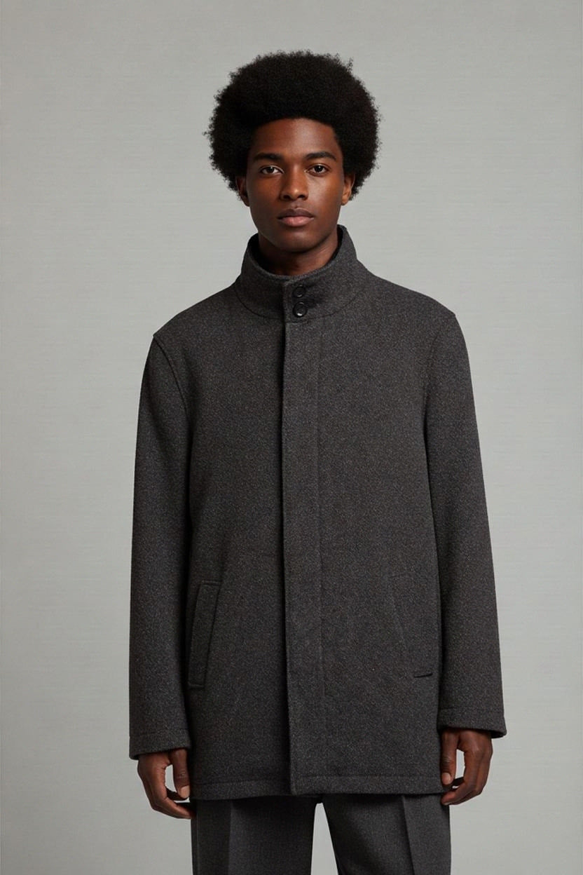 Next Mens Charcoal Grey Funnel Neck Wool Blend Coat Medium Herringbone Zip Up