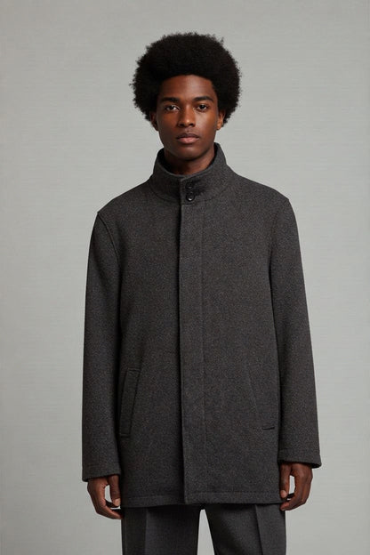 Next Mens Charcoal Grey Funnel Neck Wool Blend Coat Medium Herringbone Zip Up