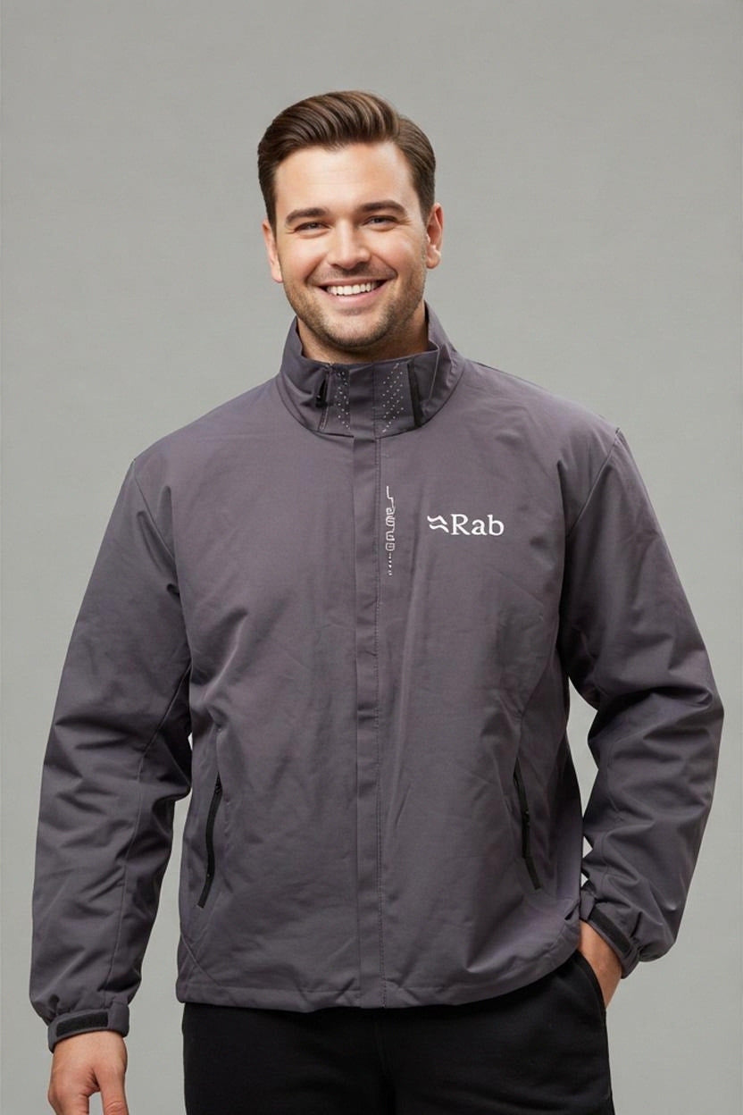 Rab Explore Mens Lightweight Jacket XL Grey Purple Full Zip Stowaway Hood Mesh