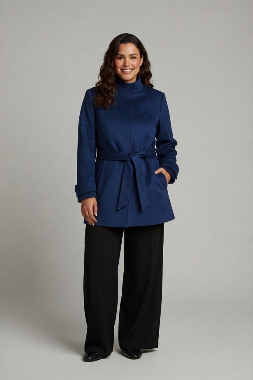 Jaeger Womens Royal Blue Wool Belted Funnel Neck Coat Jacket UK 14 Long Sleeve