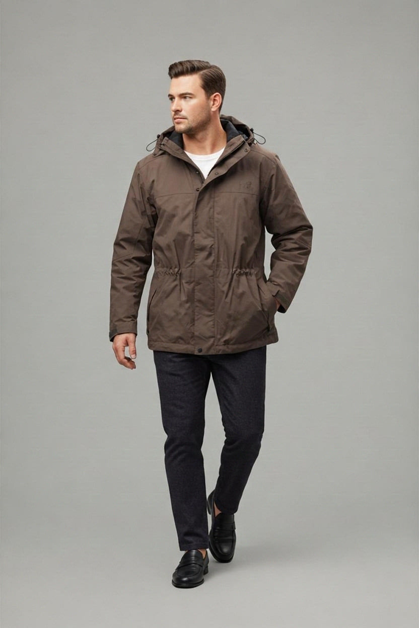 Jack Wolfskin Texapore Mens Parka Jacket L Brown Waterproof Hooded Fleece Lined