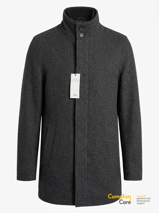 Next Mens Charcoal Grey Funnel Neck Wool Blend Coat Medium Herringbone Zip Up