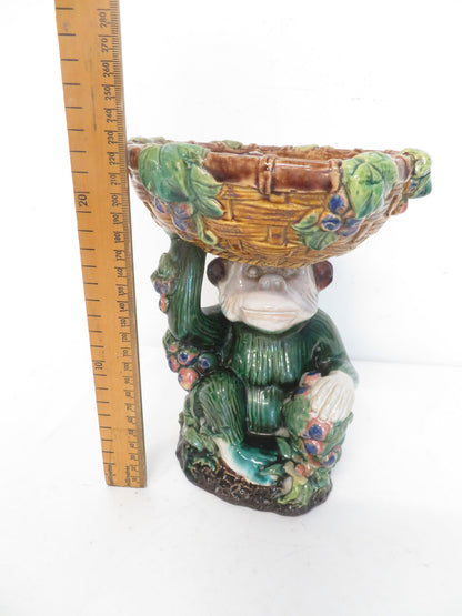 Majolica Style Ceramic Monkey Pedestal Basket Dish Green Glazed Grapes 22cm Tall