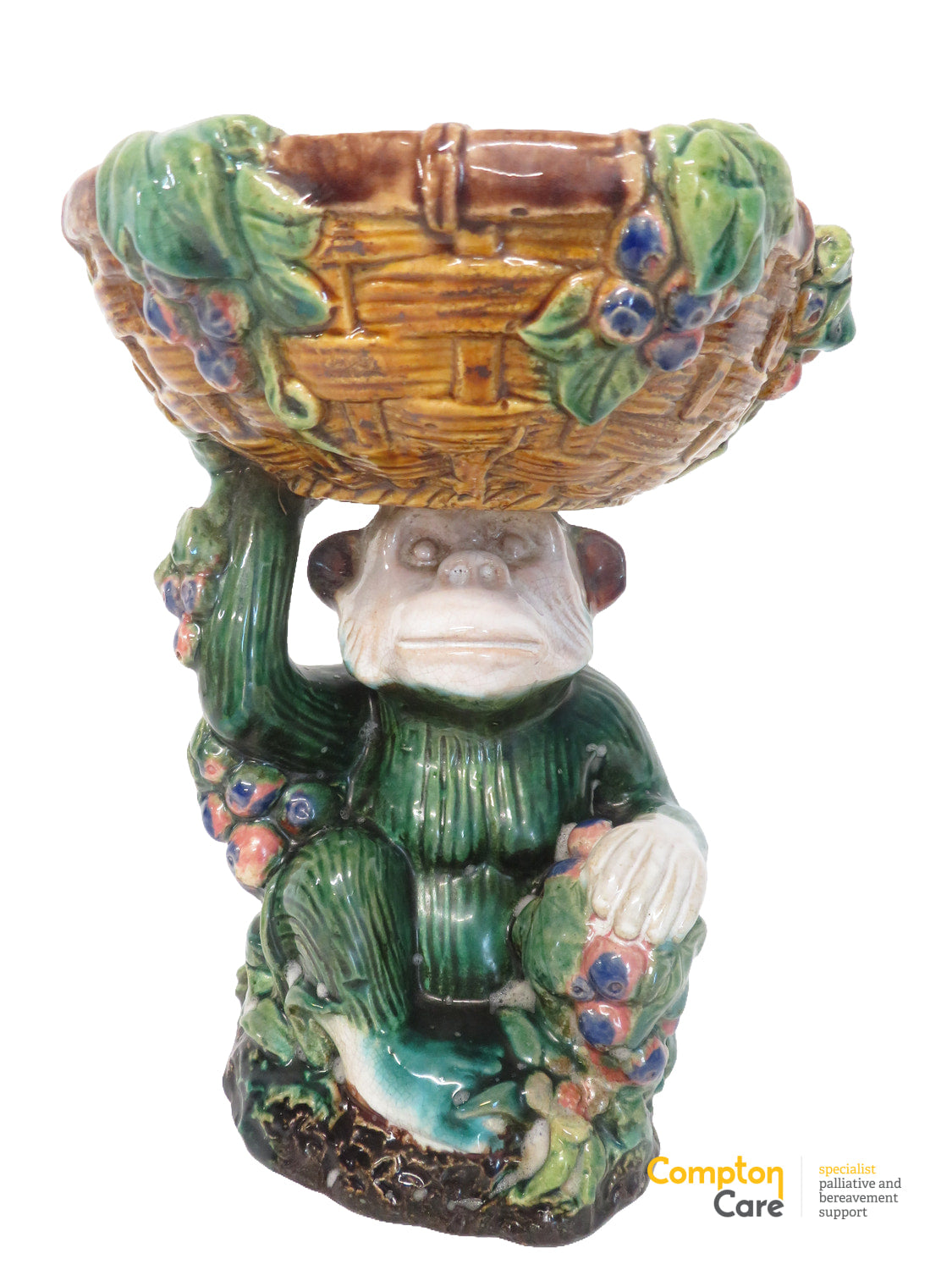Majolica Style Ceramic Monkey Pedestal Basket Dish Green Glazed Grapes 22cm Tall