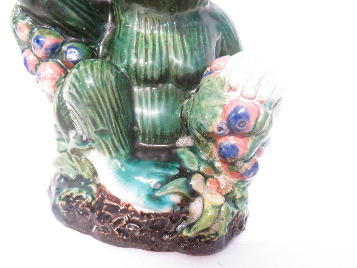 Majolica Style Ceramic Monkey Pedestal Basket Dish Green Glazed Grapes 22cm Tall