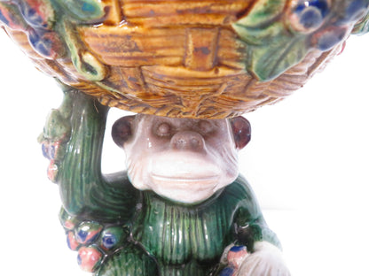 Majolica Style Ceramic Monkey Pedestal Basket Dish Green Glazed Grapes 22cm Tall