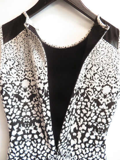 Reiss Womens Bodycon Dress UK 12 Black White Abstract Print Sleeveless Crew Neck