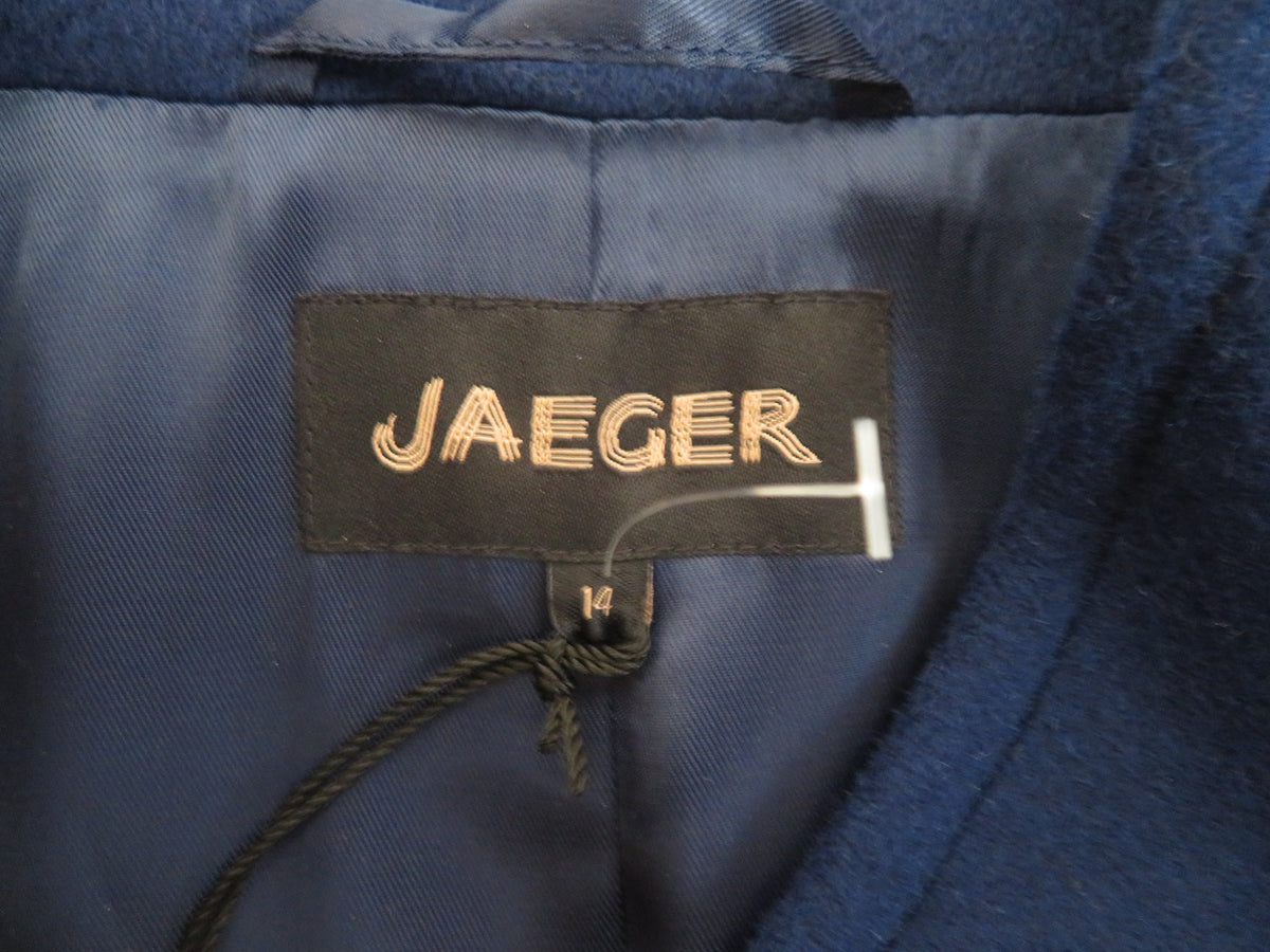 Jaeger Womens Royal Blue Wool Belted Funnel Neck Coat Jacket UK 14 Long Sleeve
