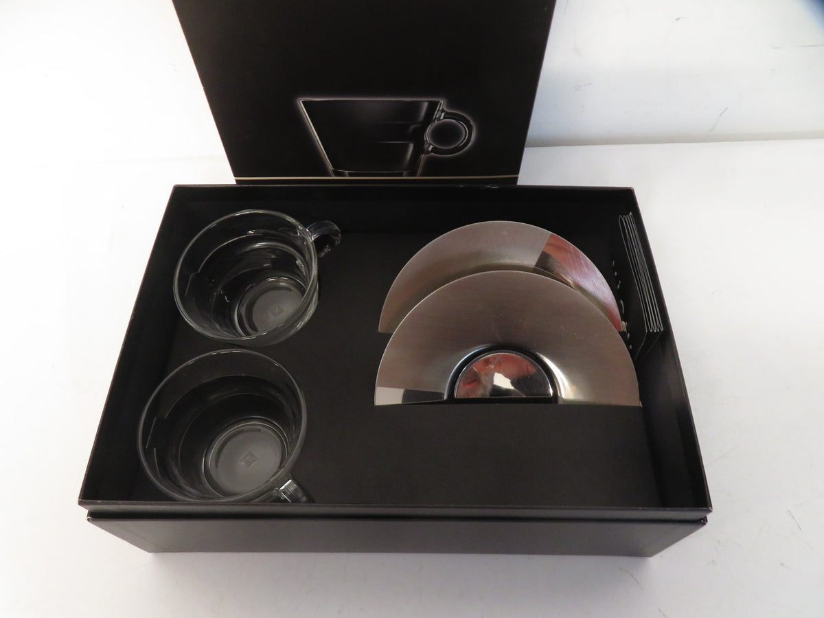 Nespresso View Collection Cappuccino Cups and Saucers Set of 2 Glass Steel Boxed