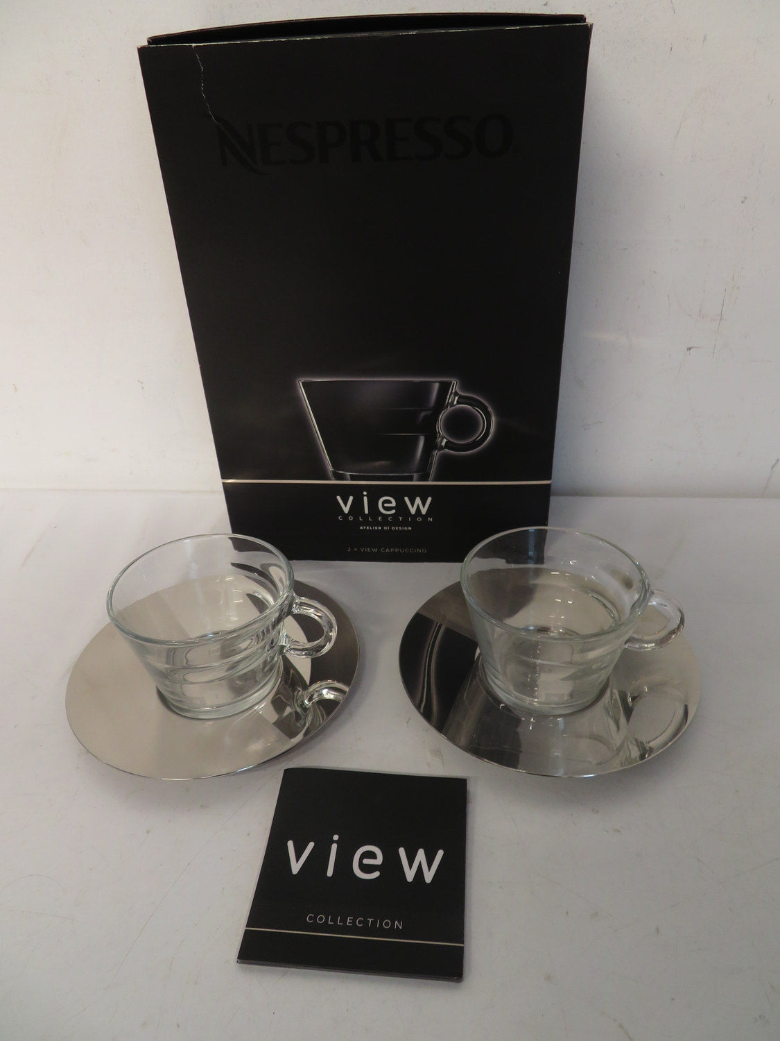 Nespresso View Collection Cappuccino Cups and Saucers Set of 2 Glass Steel Boxed