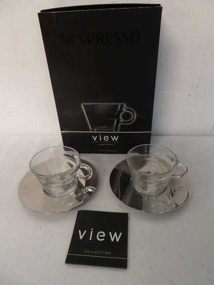 Nespresso View Collection Cappuccino Cups and Saucers Set of 2 Glass Steel Boxed